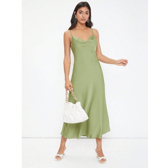Green Satin Cami Dress Midi Adjustable Spaghetti Straps - Picture 2 of 7